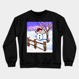 Snowman wearing winter hat  in tranquil winter scenery Crewneck Sweatshirt